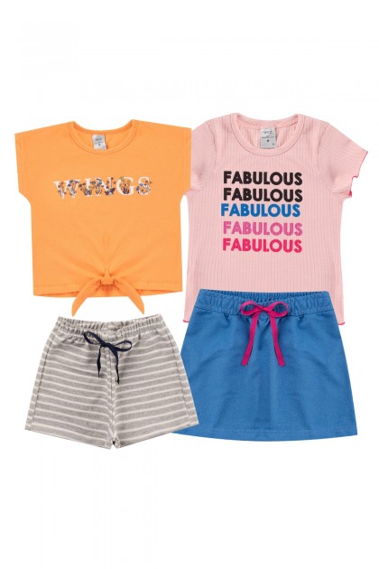 Kit Sortido 4 Peças de Roupas Infantis Feminino Verão- 2 Camisas + 2 Shrots