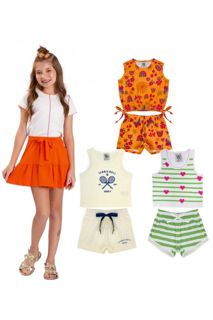 Kit Sortido 6 Peças de Roupas Infantil Menina Verão - 3 Camisetas + 3 Bermudas Ou Vestidos