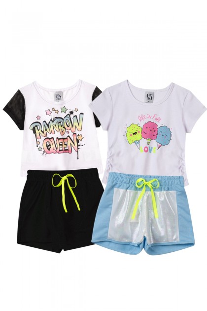 Kit Sortido 4 Peças de Roupas Infantil Menina Bebê Verão- 2 Camisas + 2 Shrots