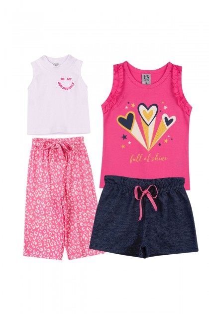 Kit Sortido 4 Peças de Roupas Infantil Menina Bebê Verão- 2 Camisas + 2 Shrots