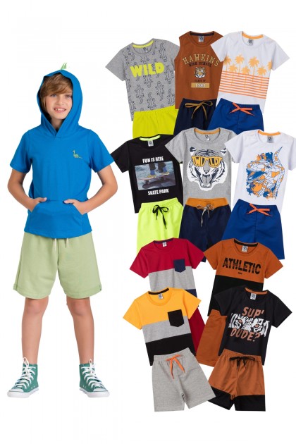 Kit Sortido 20 Peças de Roupas Infantis Masculino Verão - 10 Camisas + 10 Shorts