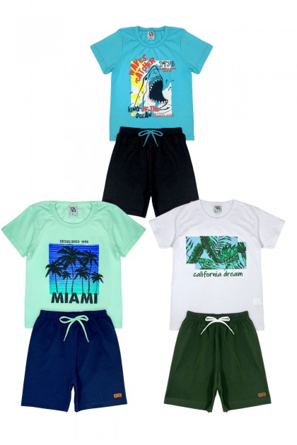 Kit Sortido 6 Peças de Roupas Infantil Menino Verão - 3 Camisetas + 3 Bermudas