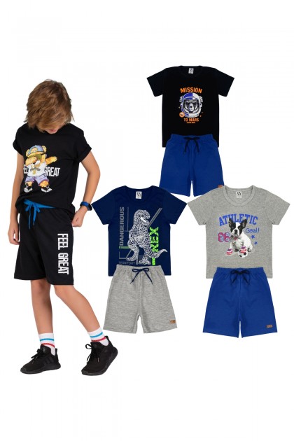 Kit Sortido 6 Peças de Roupas Infantil Menino Verão - 3 Camisetas + 3 Bermudas