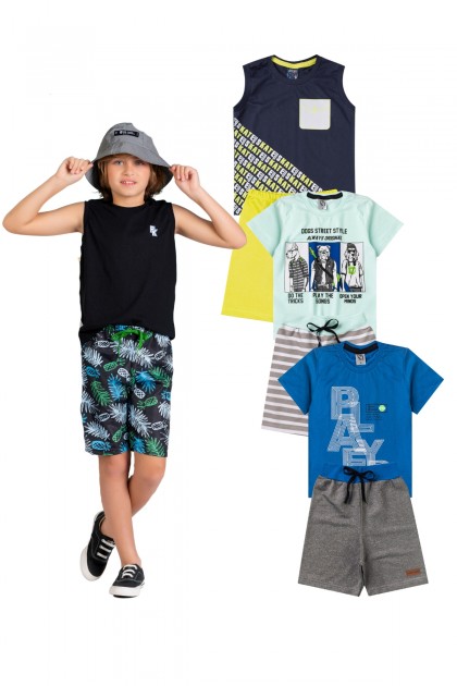 Kit Sortido 2 Peças de Roupas Infantis Masculino Verão- 1 Camisas + 1 Shorts