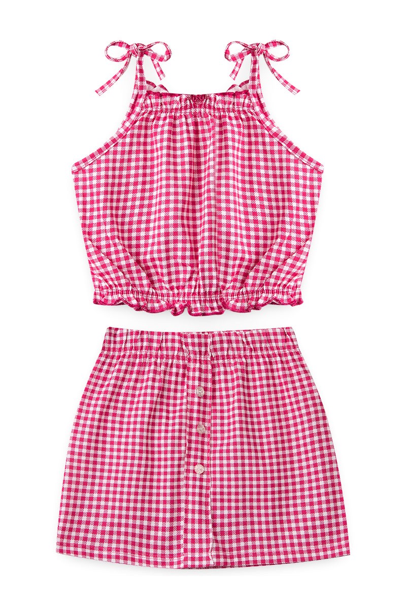 Conjunto Romper Flora Xadrez Rosa - TRÉSS KIDS