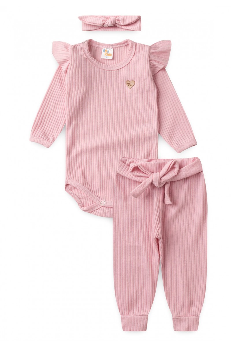 Conjunto Bebê Menina Body e Saia Ursinho Branco/Rosa