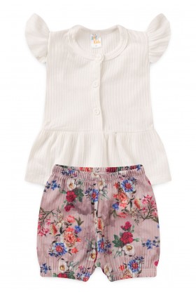 Conjunto Bata Shorts Verão Canelado Bebê - Off-White - Ame Kids