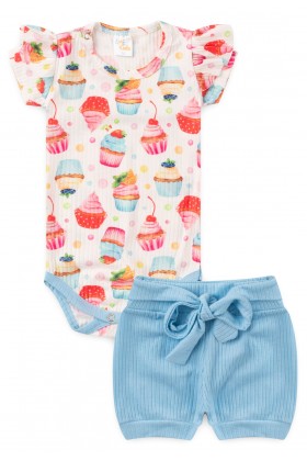 Conjunto Body Canelado Curto Menina - Cupcake - Ame Kids