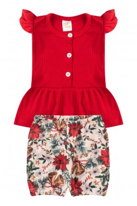 Conjunto Bata Shorts Natal Canelado Bebê - Vermelho - Ame Kids