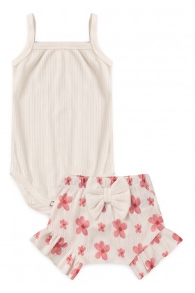 Conjunto Body Alcinha Canelado Curto Menina - Off-White - Ame Kids