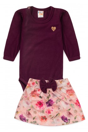 Conjunto Body Manga Longa e Saia - Beringela - Ame Kids