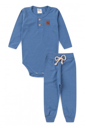 Conjunto Body Canelado Botões Menino - Azul Rivera - Ame Kids