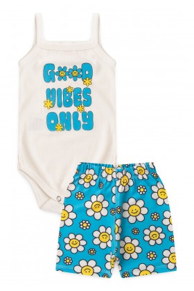 Conjunto Body Alcinha Canelado Menina - Margaridas Azul - Ame Kids