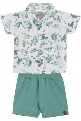 Conjunto Blusa Polo e Bermuda - Dinossauro Verde - Randa Mundu