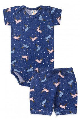 Conjunto Canelado Light Curto - Unicorn Azul Marinho - Ame Kids