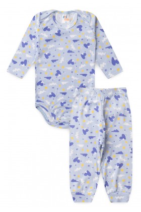 Conjunto Canelado Light Longo - Nuvens Azul Bebê - Ame Kids