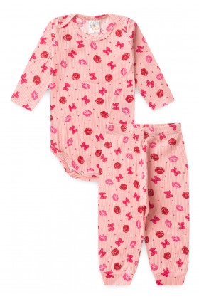 Conjunto Canelado Light Longo - Beijinhos Rosa Bebê - Ame Kids