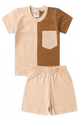 Conjunto de Blusa e Shorts Meia Malha Menino - Bolso Areia - Ame Kids