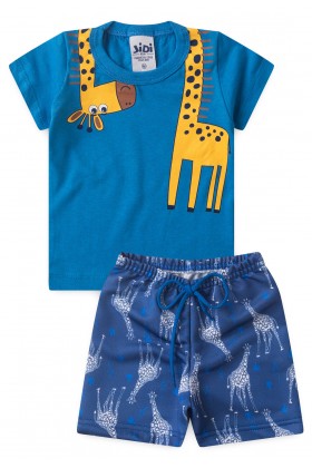 Conjunto Blusa e Shorts Menino - Girafa Azul - Jidi