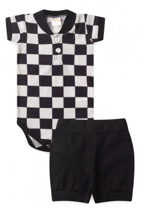 Conjunto Body Canelado Curto Menino - Xadrez Preto - Ame Kids