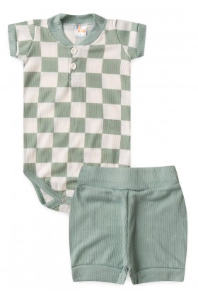 Conjunto Body Canelado Curto Menino - Xadrez Verde - Ame Kids