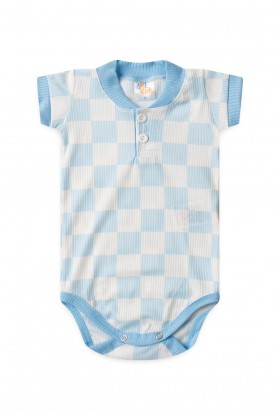 Conjunto Body Canelado Curto Menino - Xadrez Azul - Ame Kids