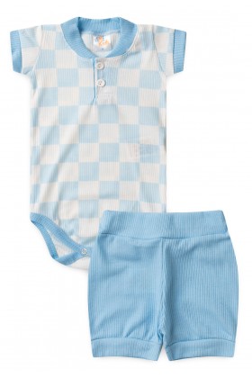 Conjunto Body Canelado Curto Menino - Xadrez Azul - Ame Kids