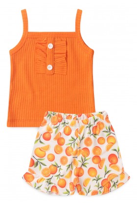 Conjunto Blusa com Botões e Shorts Canelado Menina - Laranja - Ame Kids