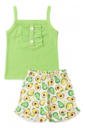 Conjunto Blusa com Botões e Shorts Canelado Menina - Abacate - Ame Kids