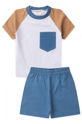 Conjunto de Blusa e Shorts Meia Malha Menino - Bolso Azul - Ame Kids