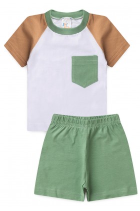 Conjunto de Blusa e Shorts Meia Malha Menino - Bolso Verde - Ame Kids