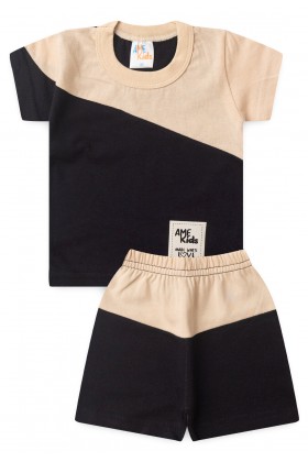 Conjunto de Blusa e Shorts Meia Malha Menino - Preto e Areia -  Ame Kids