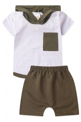 Conjunto de Blusa com Capuz e Shorts Meia Malha Menino - Verde - Ame Kids