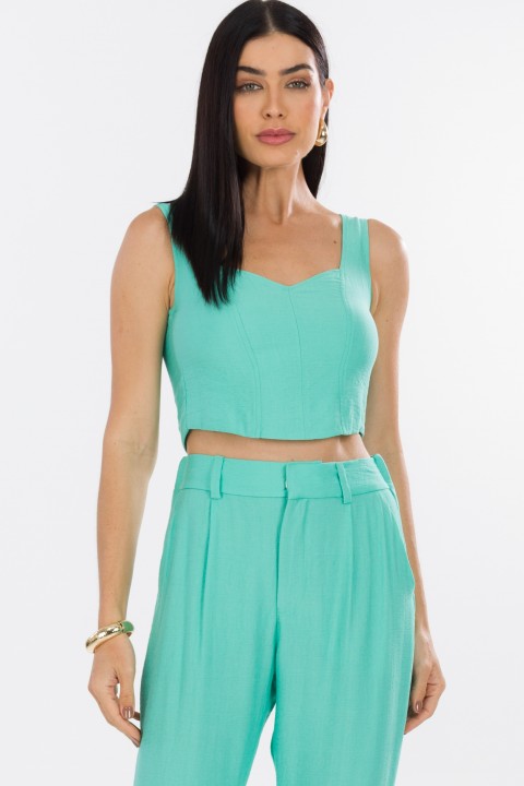 Blusa Cropped Alça de Alfaiataria Feminina Izzie - Verde Aquatic Green - Tlic Rio