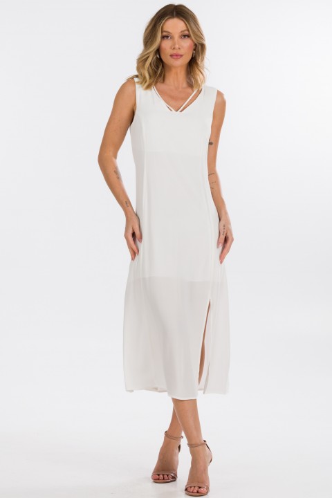 Vestido Midi com Alças Largas de Alfaiataria Feminina Celina- Off White - Tlic Rio