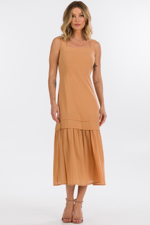 Vestido Midi com Babado de Alfaiataria Feminina Elysa- Camel Clay - Tlic Rio