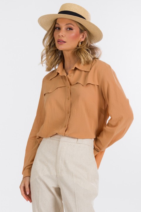 Blusa Alongada Manga Longa de Alfaiataria Feminina Samanta - Camel Clay - Tlic Rio