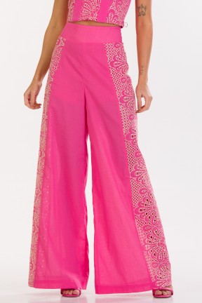 Calça wide leg pantalona cintura alta rosa pink PKS